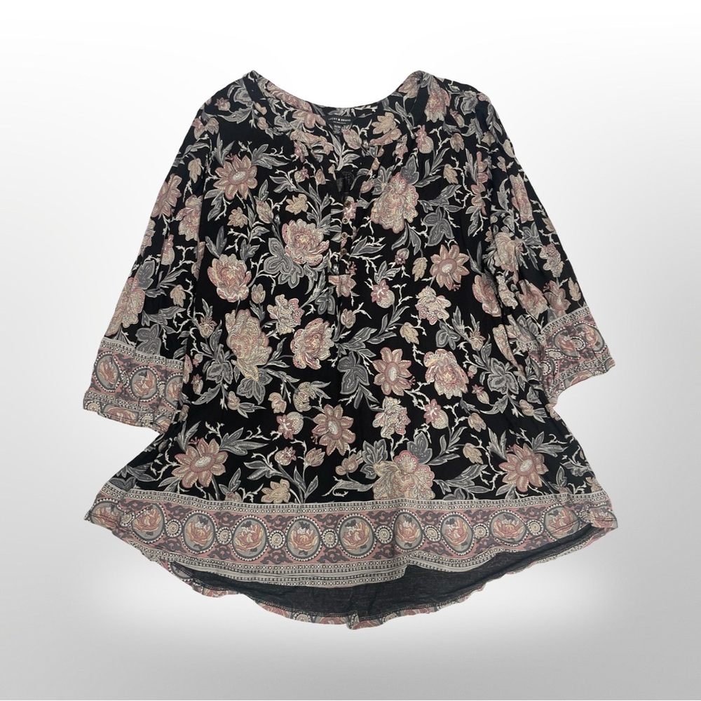 Lucky Brand Floral Tunic Blouse Womens 3/4 Sleeve Button‎ Up Boho Size 3x